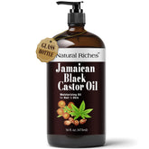 Natural Riches Jamaican Black Castor Oil bottle close-up showing glass bottle for hair nourishment.