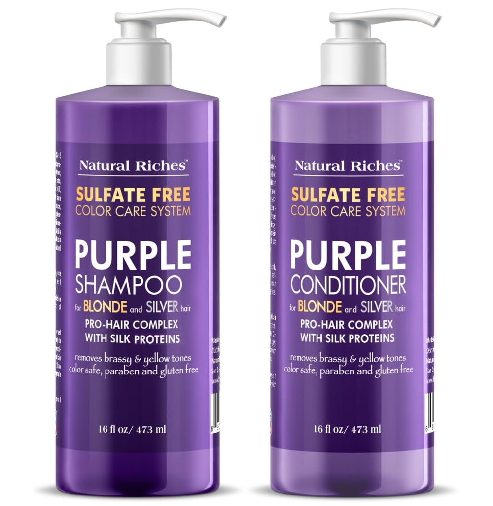 Natural Riches Purple Shampoo bottle showing color-safe formula for blondes and silvers.