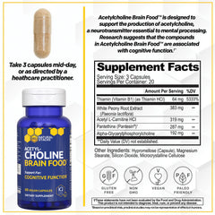 Acetylcholine Brain Food capsules laid out to show alpha GPC and ALCAR ingredients