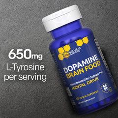 NATURAL STACKS Dopamine capsules close-up emphasizes 650 mg L-Tyrosine per serving