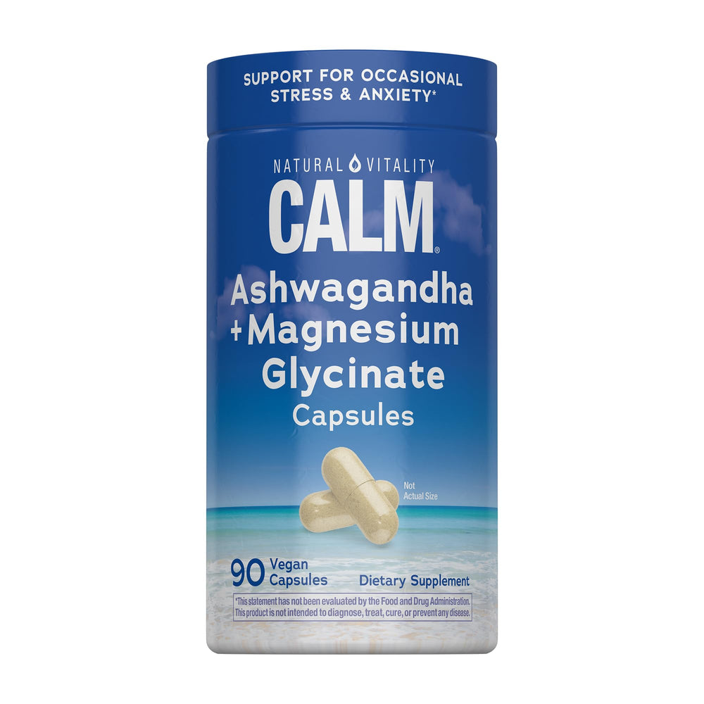 Natural Vitality CALM Ashwagandha bottle, stress support concept.