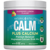 Natural Vitality CALM bottle front shows the magnesium-calcium blend for potential relaxation.