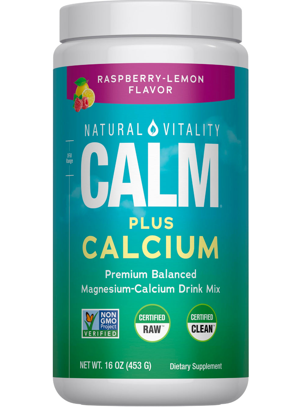 Natural Vitality CALM raspberry lemon powder dissolving in water for relaxation.