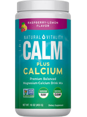 Natural Vitality CALM raspberry lemon powder dissolving in water for relaxation.