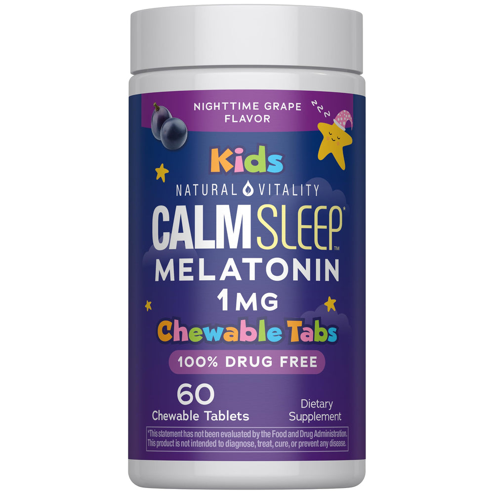 Natural Vitality CALMSleep bottle with grape-melatonin chewables for bedtime.