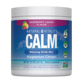 Natural Vitality CALM Raspberry Lemon drink mix bottle highlights highly absorbable magnesium for daily use.
