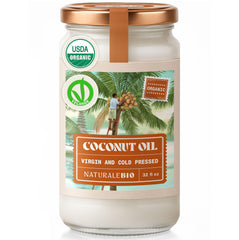 NaturaleBio coconut oil bottle pour highlights versatile kitchen use and massage-ready texture.