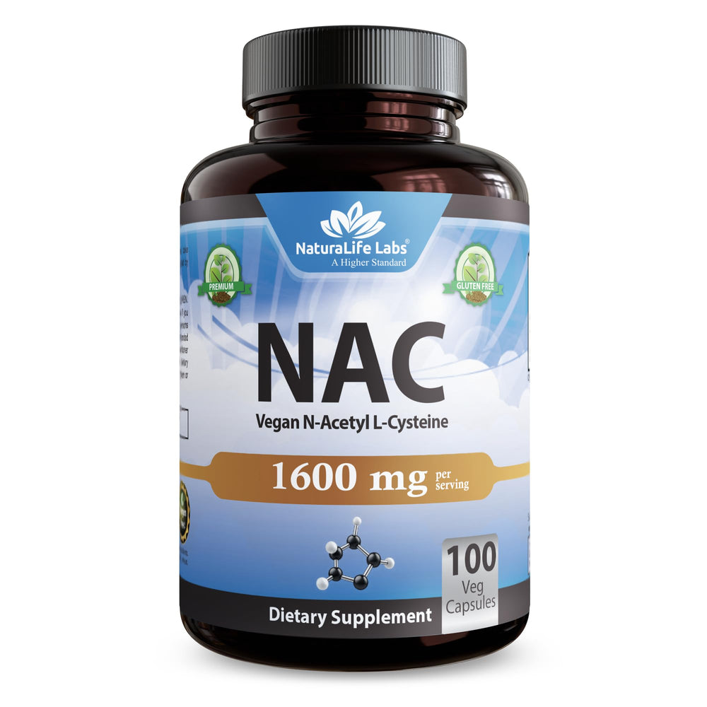 NaturaLife Labs NAC 1600mg capsules closeup for daily wellness routine.