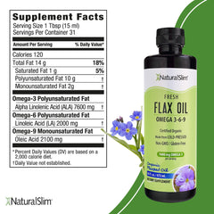 NaturalSlim flaxseed oil bottle closeup highlighting fresh, cold-pressed quality.