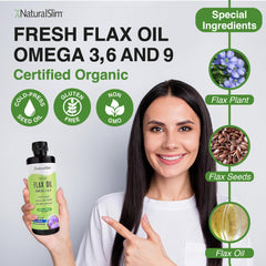 NaturalSlim flaxseed oil label detail showing organic, non-GMO formula for clean nutrition.