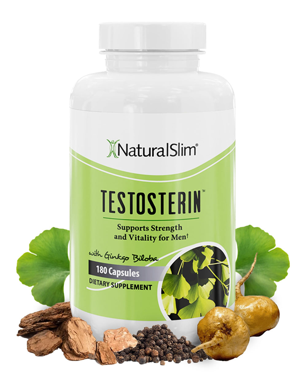 NaturalSlim testosterone booster bottle shown for daily energy and focus.