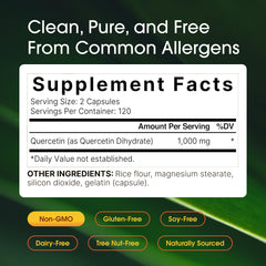 NatureBell Quercetin 1,000mg ingredients label highlights soy-free, gluten-free formula