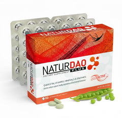 NaturDao Plus DAO enzyme bottle with extended-release tablets for steady support.