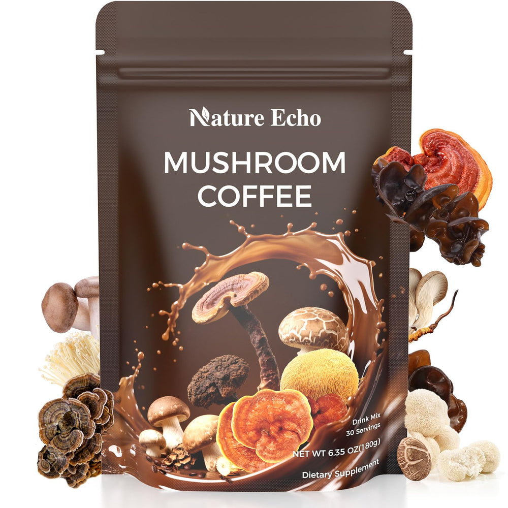 Nature Echo Mushroom Coffee blend with 11 mushrooms for balanced energy.