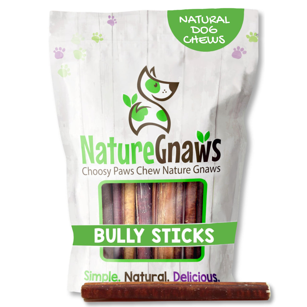 Nature Gnaws Bully Sticks bag display showing long-lasting beef chews for dogs