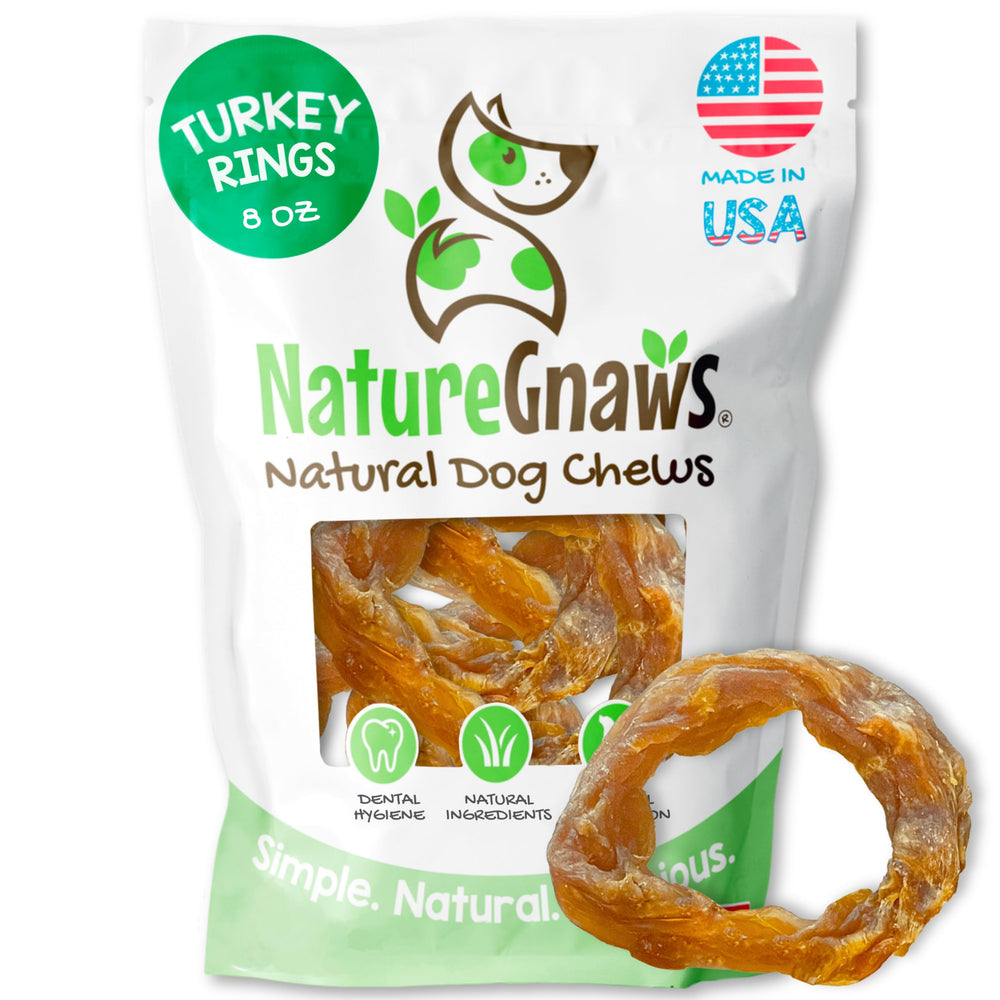 Nature Gnaws USA turkey tendon rings in an 8oz bag for busy dogs