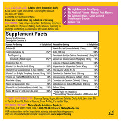 Gummies with tropical fruit flavor on Nature Made Advanced Women's Gummy Multivitamins packaging.
