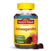 Nature Made Ashwagandha Gummies bottle pour highlights vegan stress support.