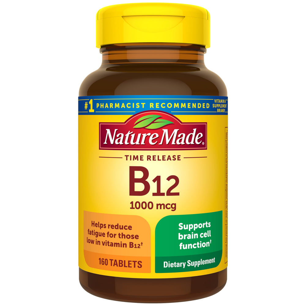 Nature Made B12 1000 mcg tablet close-up shows energy metabolism support for daily vitality.