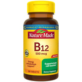Nature Made B12 500 mcg tablets in bottle support energy metabolism for daily vitality.