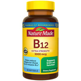 Nature Made B12 Extra Strength 3000 mcg softgels bottle highlighting energy metabolism support