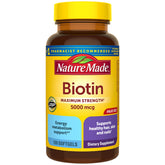 Nature Made Biotin 5000 mcg softgels bottle for daily hair, skin, and nails support.