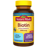 Nature Made Biotin Extra Strength 2500 mcg softgels bottle supports daily hair, skin, and nails.