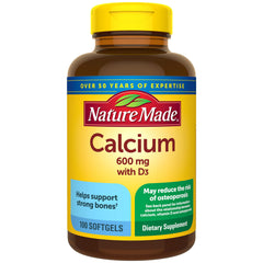 Nature Made Calcium 600 mg with Vitamin D3 bottle for bone support.