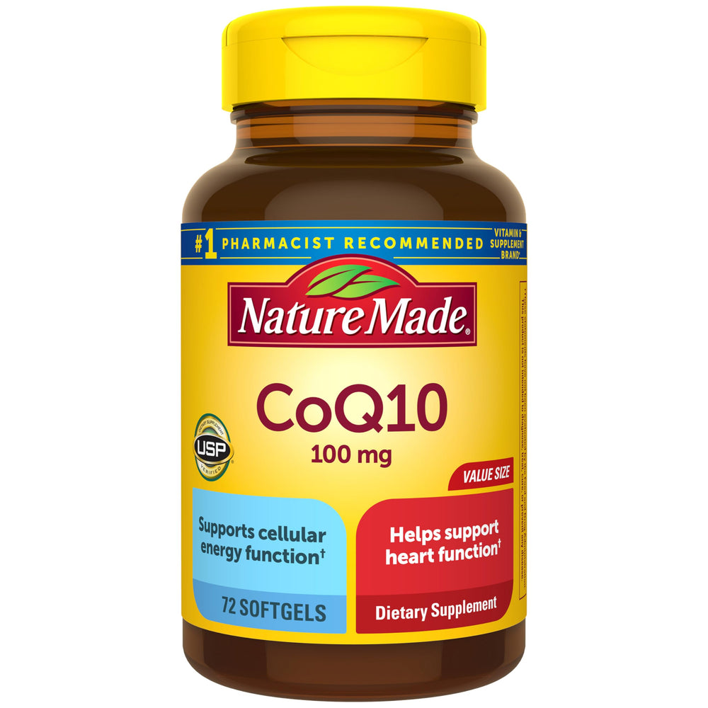 Nature Made CoQ10 100 mg softgels bottle shown for convenient daily use and heart health support