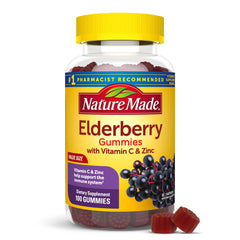 Nature Made Elderberry Gummies bottle showcases raspberry flavor for daily immune support.