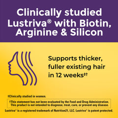 Nature Made Hair Growth Softgels label close-up featuring Lustriva and vitamins