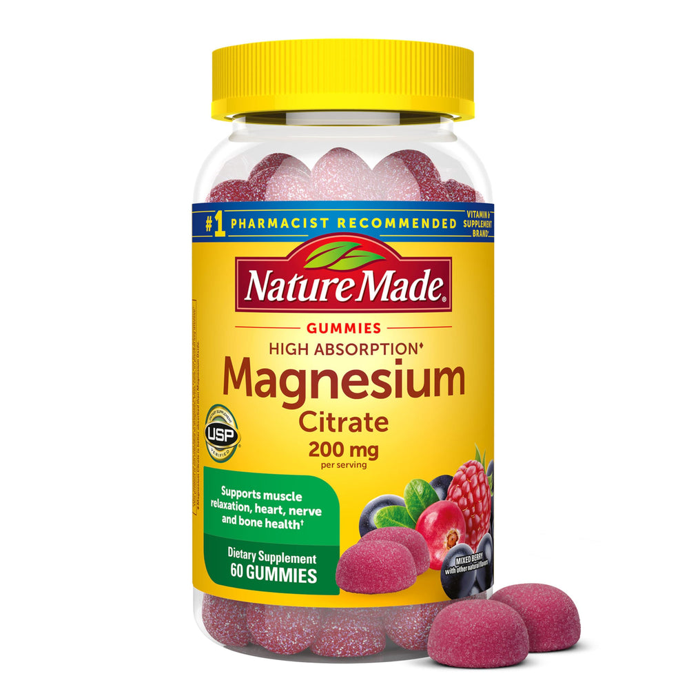 Nature Made High Absorption Magnesium Citrate 200 mg bottle supports muscle relaxation and heart health.