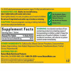 Nature Made Iron 65 mg packaging highlighting gluten-free and dye-free features.