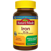 Nature Made Iron 65 mg tablets bottle; daily iron intake for energy.