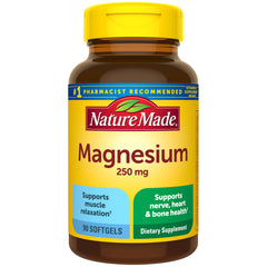 Nature Made Magnesium 250 mg softgels bottle for a 90-day supply supporting muscles.