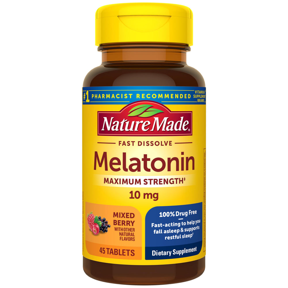 Nature Made Melatonin 10 mg fast-dissolve bottle supports gentle sleep onset.