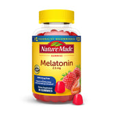 Nature Made Melatonin Gummies 2.5 mg bottle beside a nightstand supports nightly sleep routine.