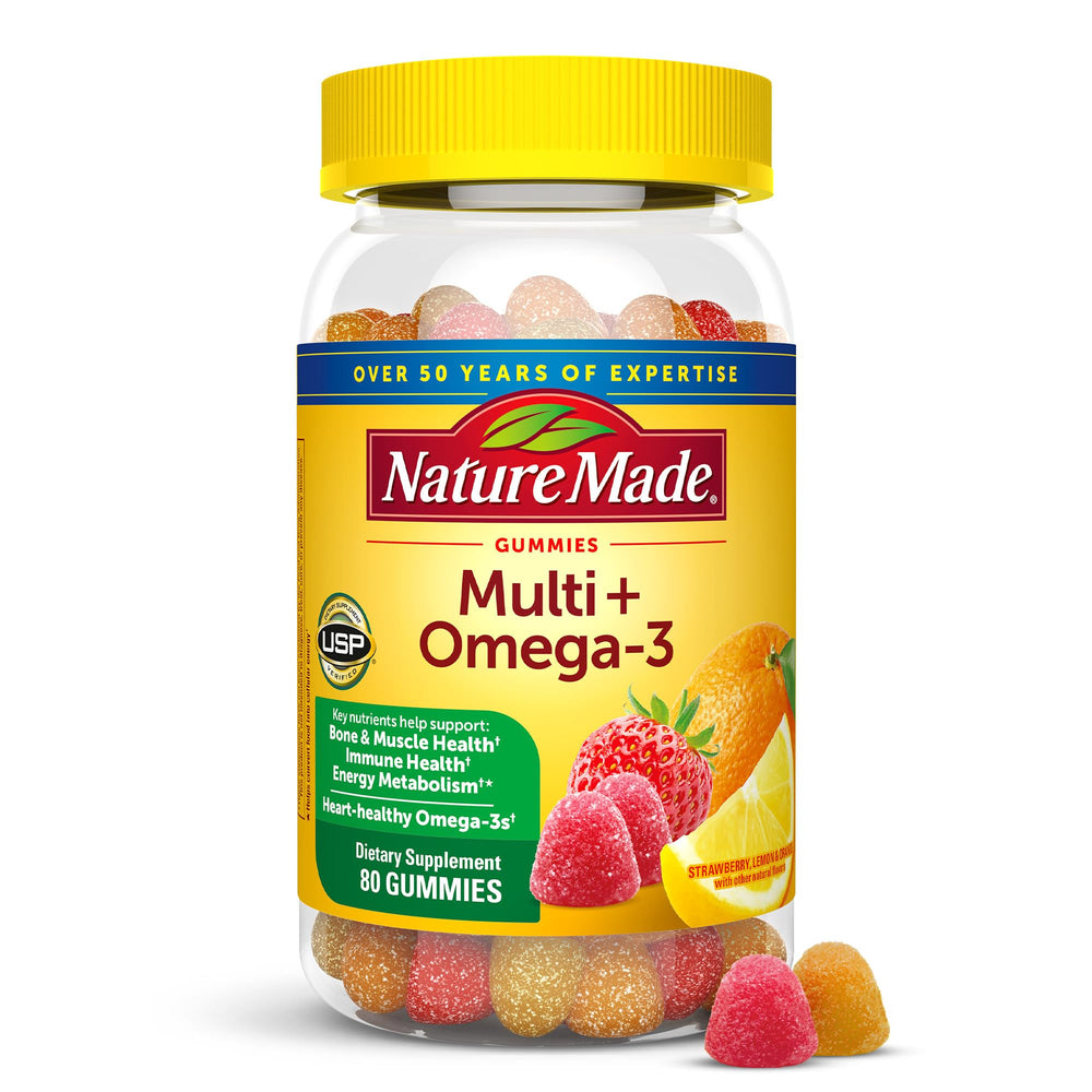 Nature Made Multivitamin + Omega-3 strawberry gummies bottle for daily energy support
