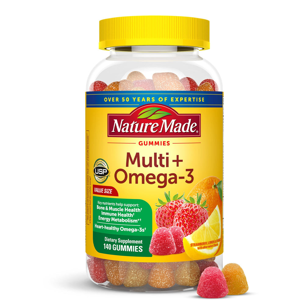 Nature Made Multivitamin + Omega-3 strawberry gummies in bottle support daily wellness and immune health benefits.