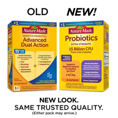 Close-up of Nature Made Probiotics label highlighting 15B CFU per capsule.