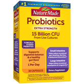 Nature Made Probiotics bottle front shows extra strength formula for daily gut balance.