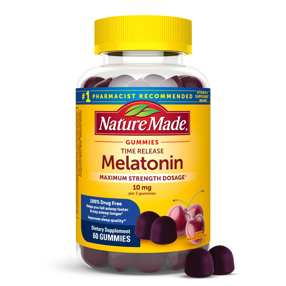 Nature Made Time Release Melatonin bottle shown for steady sleep support.
