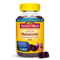 Nature Made Time Release Melatonin bottle shown for steady sleep support.