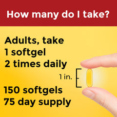 Daily-use Nature Made softgels with water before meals for absorption