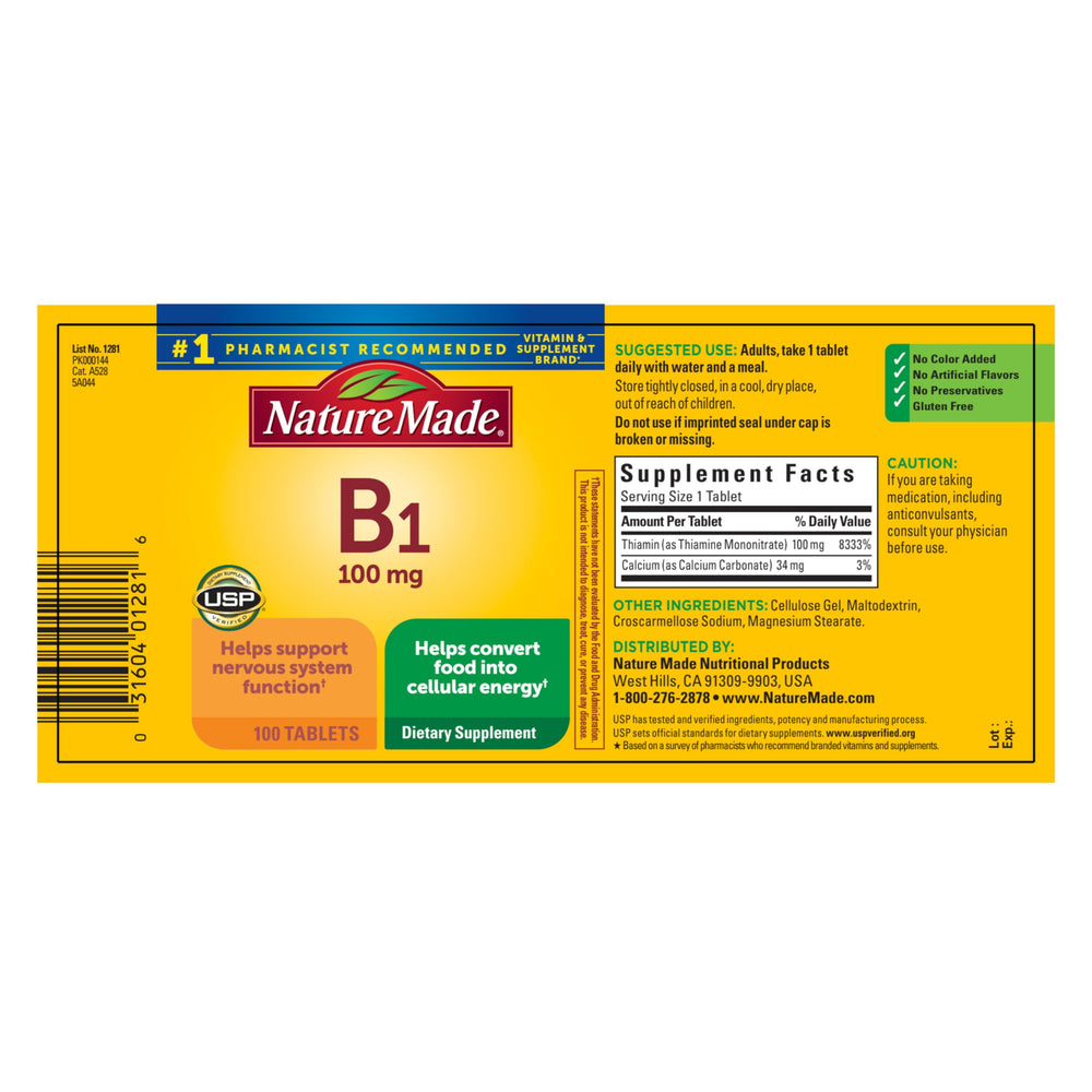 Nature Made Vitamin B1 100mg tablets pack for a 100-day supply.