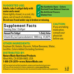 Close-up of Nature Made B12 softgels, easy-to-swallow daily capsules for energy support.