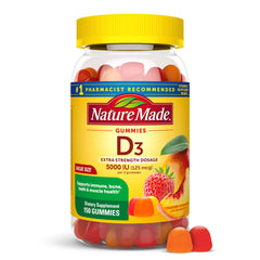 Nature Made Vitamin D3 gummies bottle, convenient daily dose for bone health and immune support.