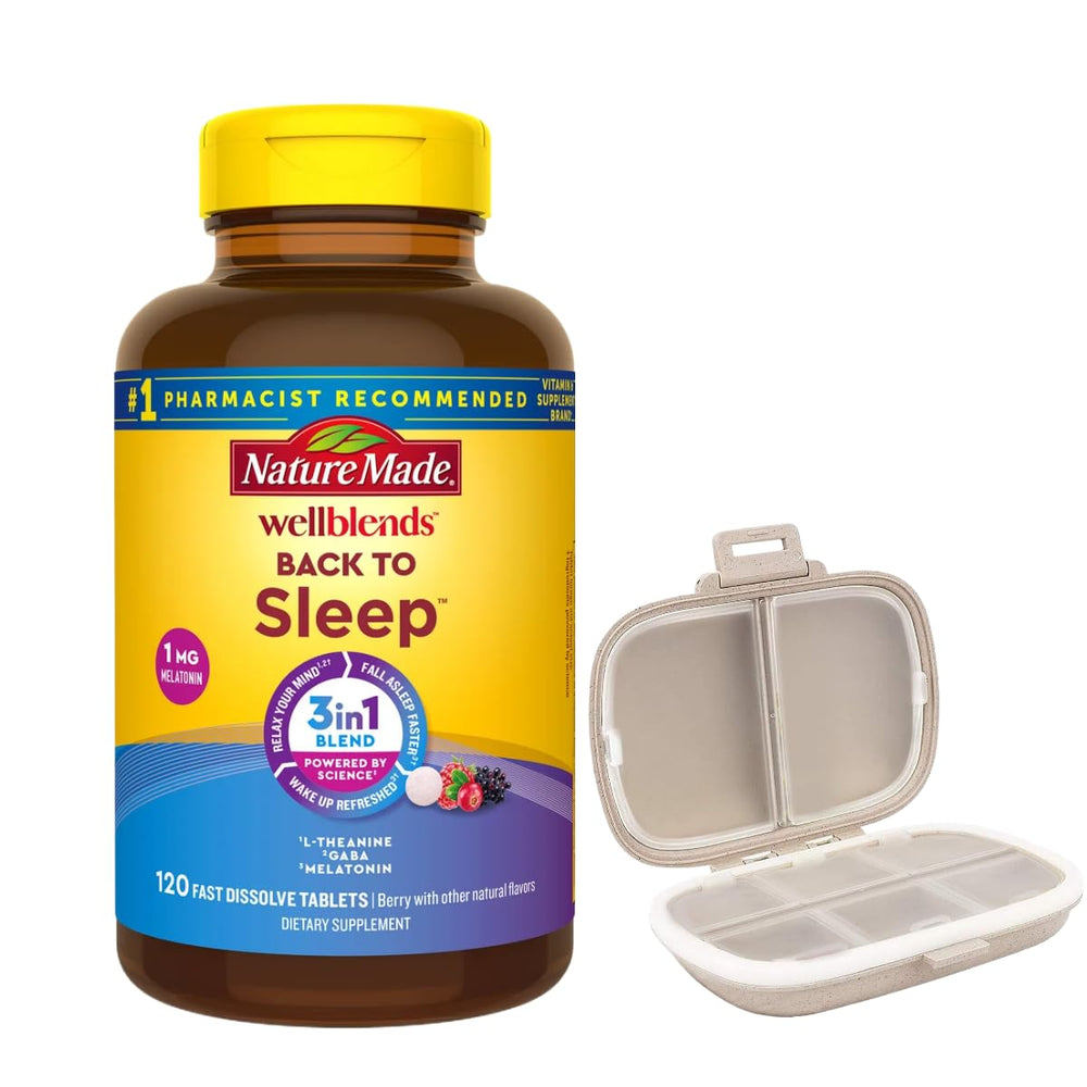 Nature Made Wellblends Back to Sleep bottle with 120 fast-dissolve tablets for night-time support.