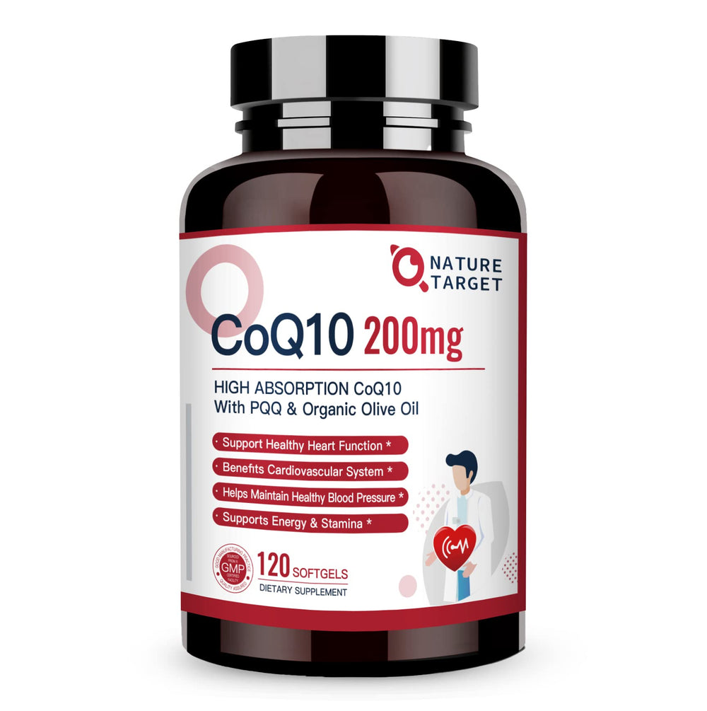 Nature Target CoQ10 200mg softgels with olive oil for enhanced absorption and heart support.
