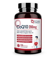 Nature Target CoQ10 200mg softgels with olive oil for enhanced absorption and heart support.
